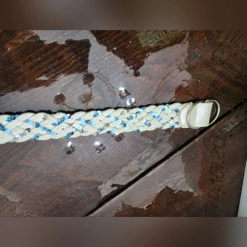 👸👖🩳 White Braided D-ring Belt with blue & silver sequins